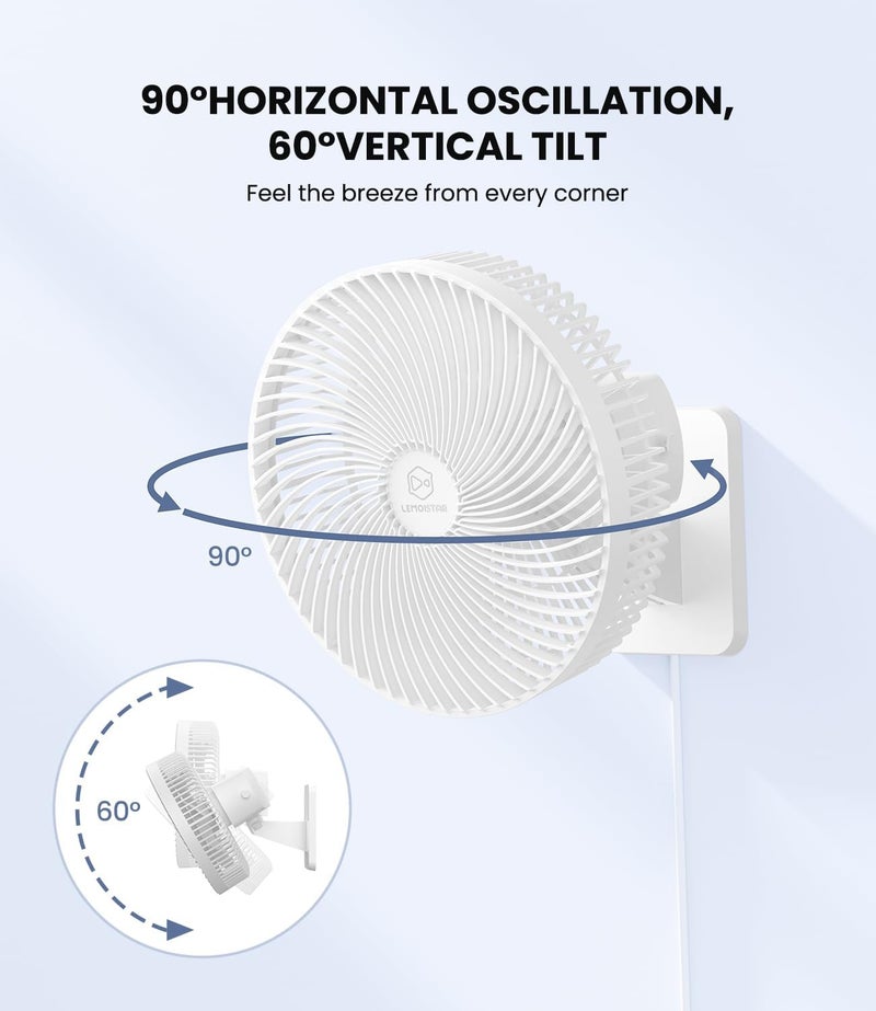 LEMOISTAR 10 Inch Wall Mounted Fan with Remote Control, 90° Oscillating, 4 Speeds, 4 Timer, Adjustable Tilt, 70 Inch Cord, Quiet, for Bedroom Garage RV Office Home Patio-White - Image 2